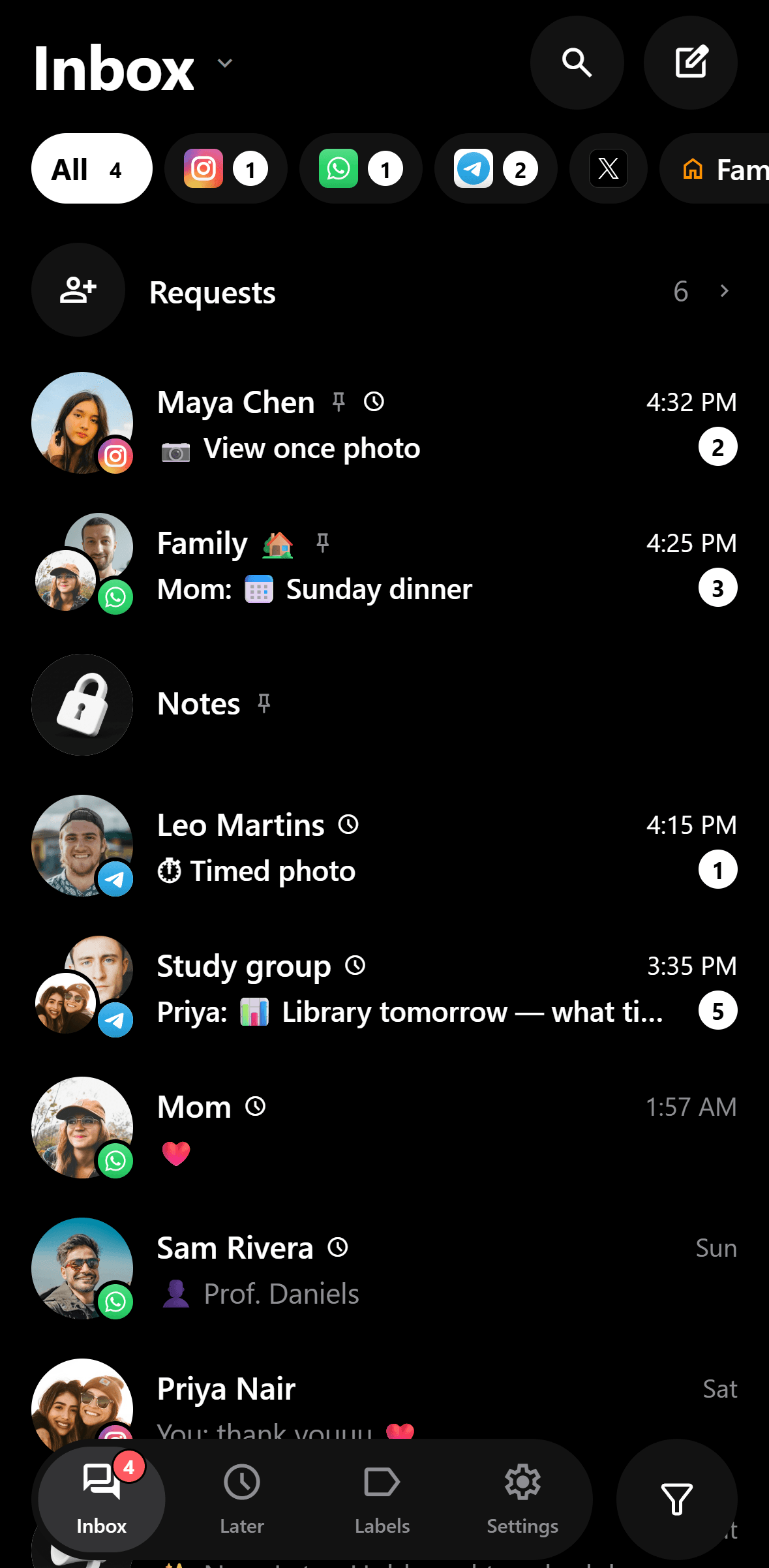 The inbox: chats from Instagram, WhatsApp and Telegram in one list